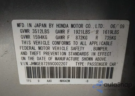 2009 Honda Fit from USA, damaged, VIN JHMGE87289C002207